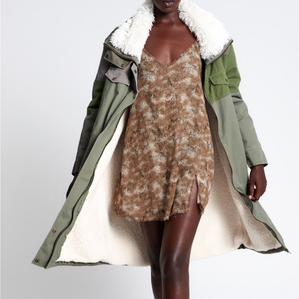 One Teaspoon Green Patchwork Twill Utility Defender Sherpa Fur Lined Coat Small - Picture 4 of 14